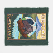 ビーバーおよび山のフード場面ヴィンテージ旅行 フリースブランケット (正面(横))