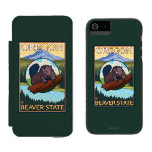 ビーバーおよび山のフード場面ヴィンテージ旅行 iPhone SE/5/5sウォレットケース