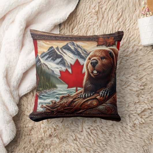 ビーバーとメープルリーフを備えたカナダの風景 クッション (ブランケット)