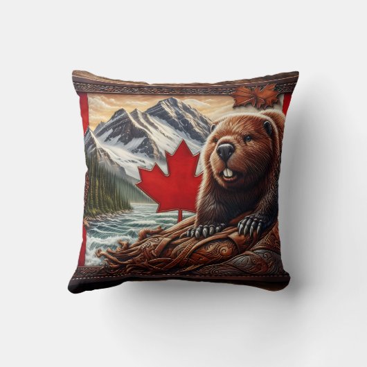 ビーバーとメープルリーフを備えたカナダの風景 クッション (裏面)