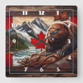 ビーバーとメープルリーフを備えたカナダの風景 スクエア壁時計 (正面)