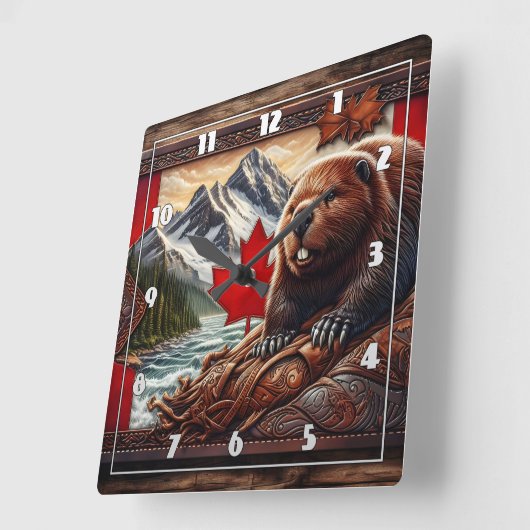 ビーバーとメープルリーフを備えたカナダの風景 スクエア壁時計 (傾斜)