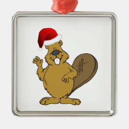 ビーバーのかわいいサンタの帽子 メタルオーナメント