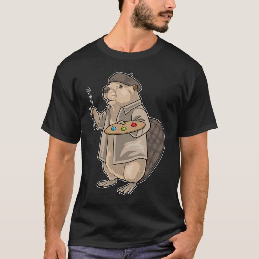 ビーバーの画家ペイントブラシ絵画 Tシャツ (正面)