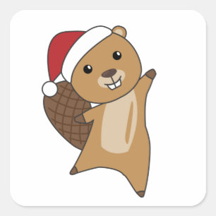 ビーバーの陽気なクリスマス冬の動物ビーバー スクエアシール