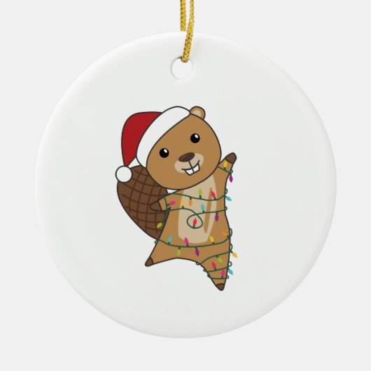 ビーバーの陽気なクリスマス冬の動物ビーバー セラミックオーナメント (正面)