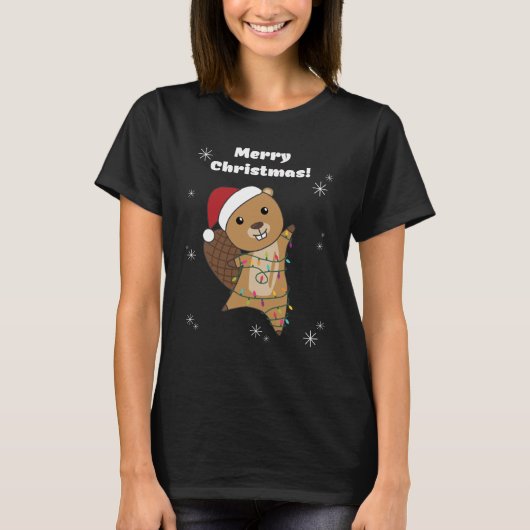 ビーバーの陽気なクリスマス冬の動物ビーバー Tシャツ (正面)