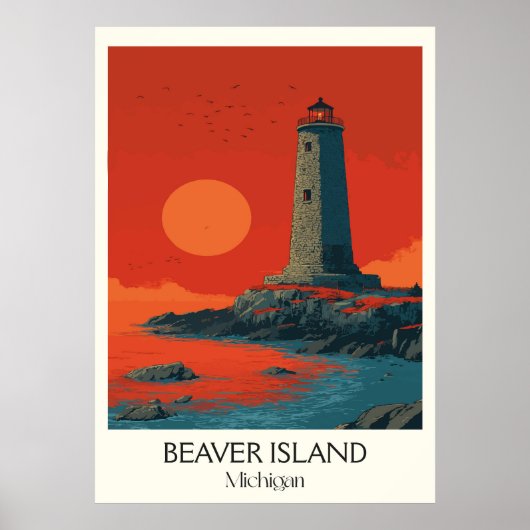 ビーバーアイランドミシガンヴィンテージライトハウスアート ポスター (正面)
