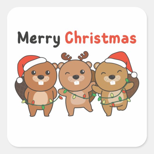 ビーバークリスマスアニマルズビーバーズメリークリスマス スクエアシール (正面)