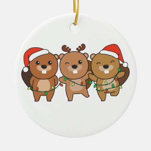 ビーバークリスマスクリスマスアニマルかわいいビーバーサー セラミックオーナメント (正面)