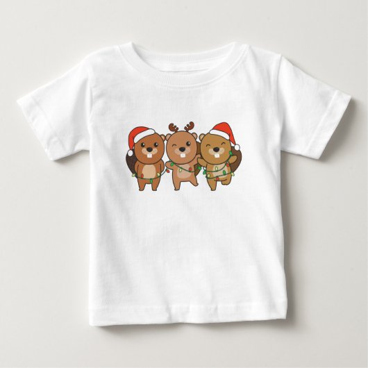 ビーバークリスマスクリスマスアニマルかわいいビーバー ベビーTシャツ (正面)
