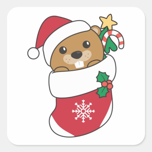 ビーバークリスマススノーウィンターアニマルズビーバー スクエアシール (正面)