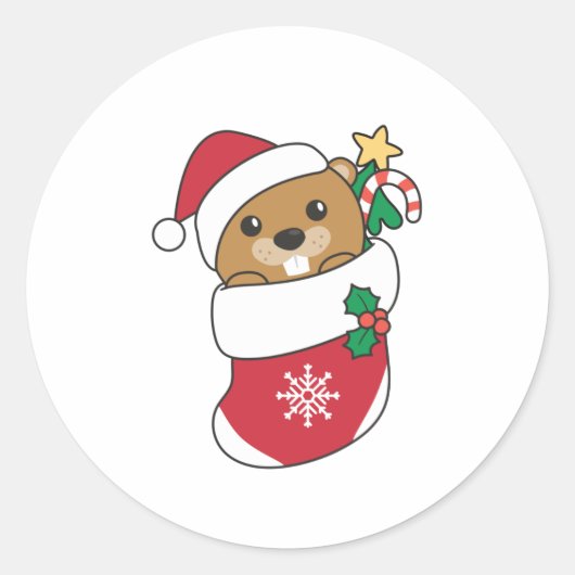 ビーバークリスマススノーウィンターアニマルズビーバー ラウンドシール (正面)