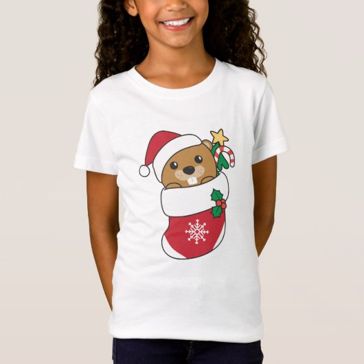 ビーバークリスマススノーウィンターアニマルズビーバー Tシャツ (正面)