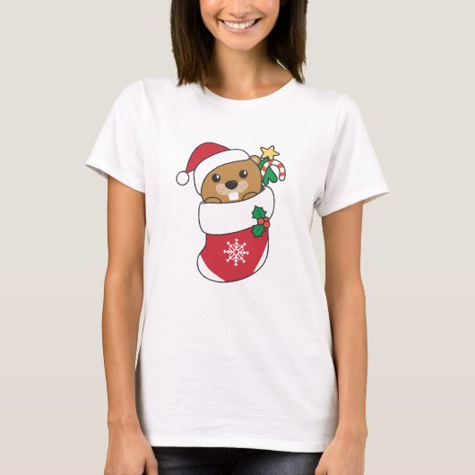 ビーバークリスマススノーウィンターアニマルズビーバー Tシャツ (正面)