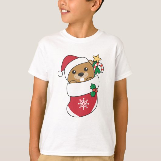 ビーバークリスマススノーウィンターアニマルズビーバー Tシャツ (正面)