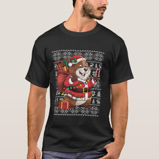 ビーバークリスマスセータースタイル醜いサンタビーバーキリスト Tシャツ (正面)
