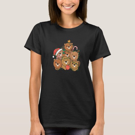 ビーバークリスマスツリーアニマルクリスマス Tシャツ (正面)