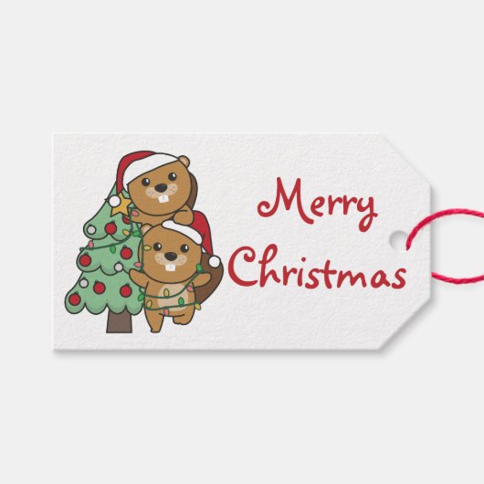 ビーバークリスマスツリークリスマスアニマルズビーバー ギフトタグ (正面(横))