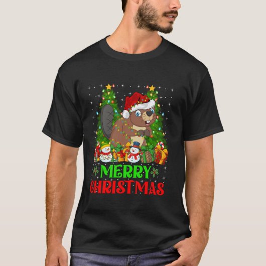 ビーバークリスマスツリーライツホリデーサンタビーバー Tシャツ (正面)