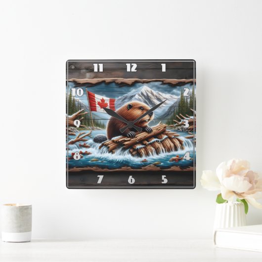 ビーバービルドズロッジバイマウンテンストリーム スクエア壁時計 (ホーム)