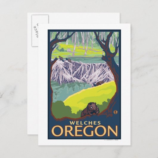 ビーバーファミリー – オレゴン,ウェルシュ ポストカード (正面/裏面)