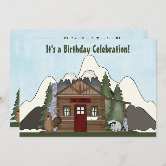 ビーバーラクーンアンドマウンテンキャビン誕生日招待状 招待状 (正面/裏面)