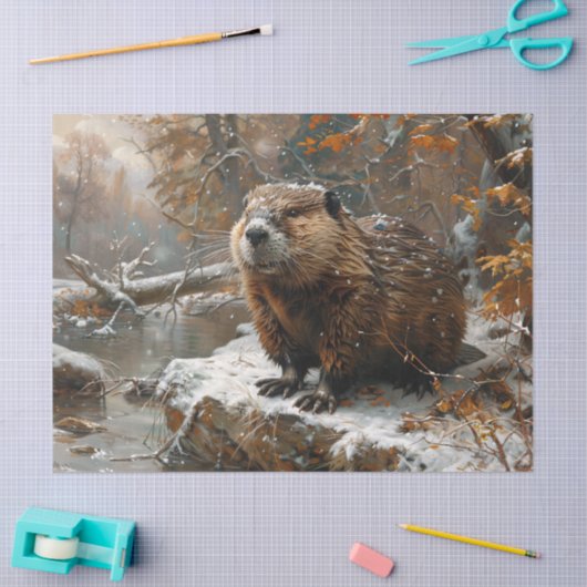 ビーバー冬の風景絵画のデコページ 薄葉紙 (クラフト)