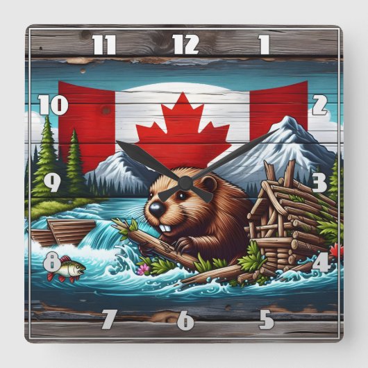 ビーバー建物ダムニアカナダ国旗 スクエア壁時計 (正面)