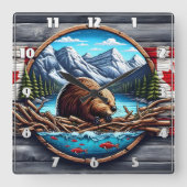 ビーバー建物ロッジバイマウンテンレイクインカナダ スクエア壁時計 (正面)