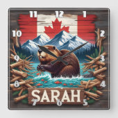 ビーバー、マウンテン、フラッグ、ブルー海 スクエア壁時計 (正面)