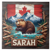 ビーバー、マウンテン、フラッグ、ブルー海 タイル (正面)