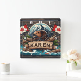 ビーバー、丸太、旗、山 スクエア壁時計