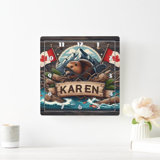 ビーバー、丸太、旗、山 スクエア壁時計 (ホーム)