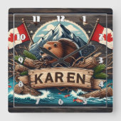 ビーバー、丸太、旗、山 スクエア壁時計 (正面)