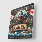 ビーバー、丸太、旗、山 スクエア壁時計 (傾斜)