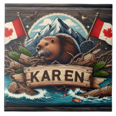 ビーバー、丸太、旗、山 タイル (正面)