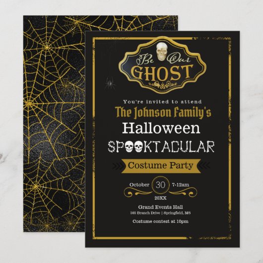 ビービービーアール幽霊ブラック&金ゴールドコスチュームパーティの招待状 カード (正面/裏面)
