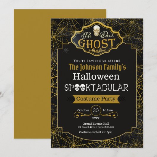 ビービービーアール幽霊ブラック&金ゴールドコスチュームパーティの招待状 カード (正面/裏面)