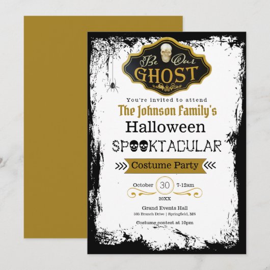 ビービービーアール幽霊ブラック&金ゴールドコスチュームパーティの招待状 カード (正面/裏面)