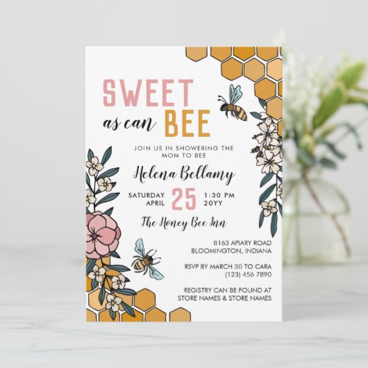 ビーピンクのハチミツのベビーシャワーがフローラの美しさ 招待状 (スタンド正面)