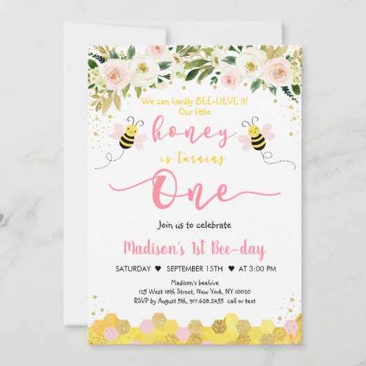 ビーピンク金ゴールドフローラガールファースト誕生日 招待状 (正面)