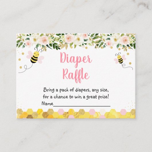 ビーピンク金ゴールドフローラベビーシャワーおむつラッフル エンクロージャーカード (正面)