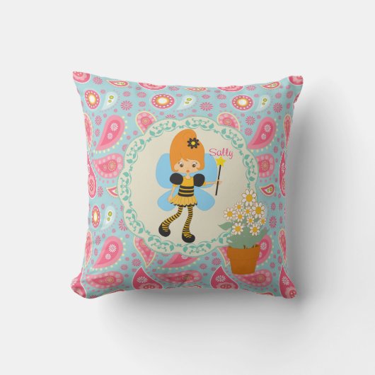 ビーフェアリーかわいらしピンクペイズリー女の子の部屋の名前を追加 クッション (正面)