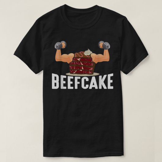ビーフケーキマッスルケーキフィットネス重量挙げボディーブイ Tシャツ (デザイン正面)