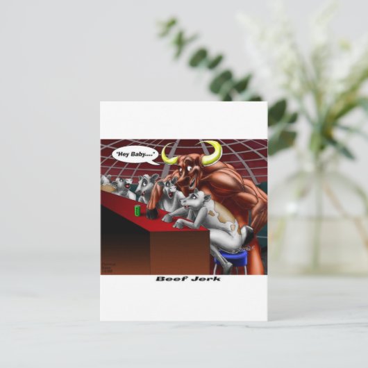 ビーフジャーキーおもしろい起源の牛と牛の漫画のギフト ポストカード (スタンド正面)
