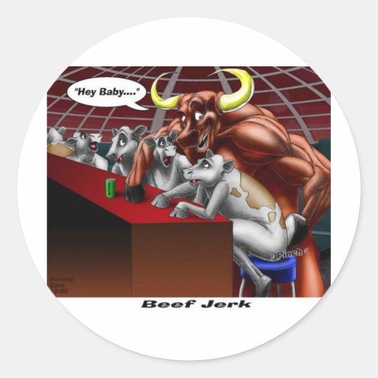 ビーフジャーキーおもしろい起源の牛と牛の漫画のギフト ラウンドシール (正面)