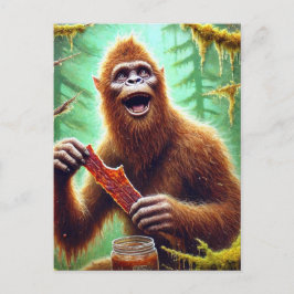 ビーフジャーキーの瓶と苔むした森のサスカッチ ポストカード