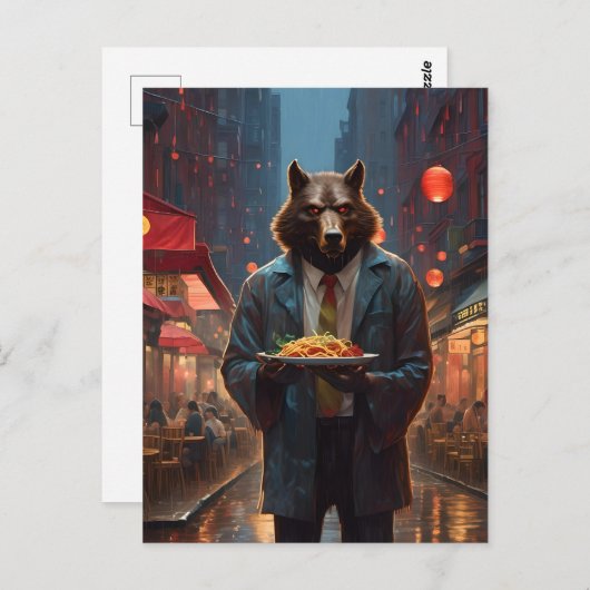 ビーフチョウの大きな皿を持つオオカミ ポストカード (正面/裏面)