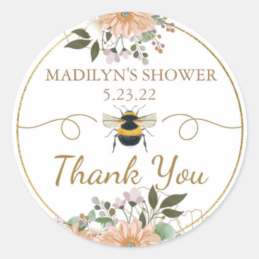 ビーフレンドリーピンクフローラブライダルシャワーありがとう ラウンドシール (正面)